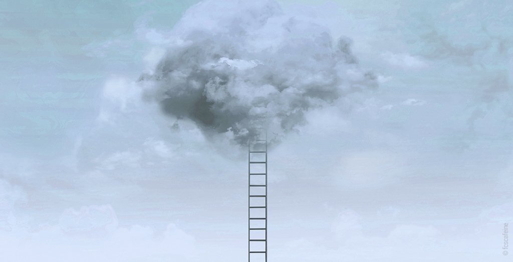 Photo : Une échelle s'élève dans le ciel et disparaît dans un nuage.