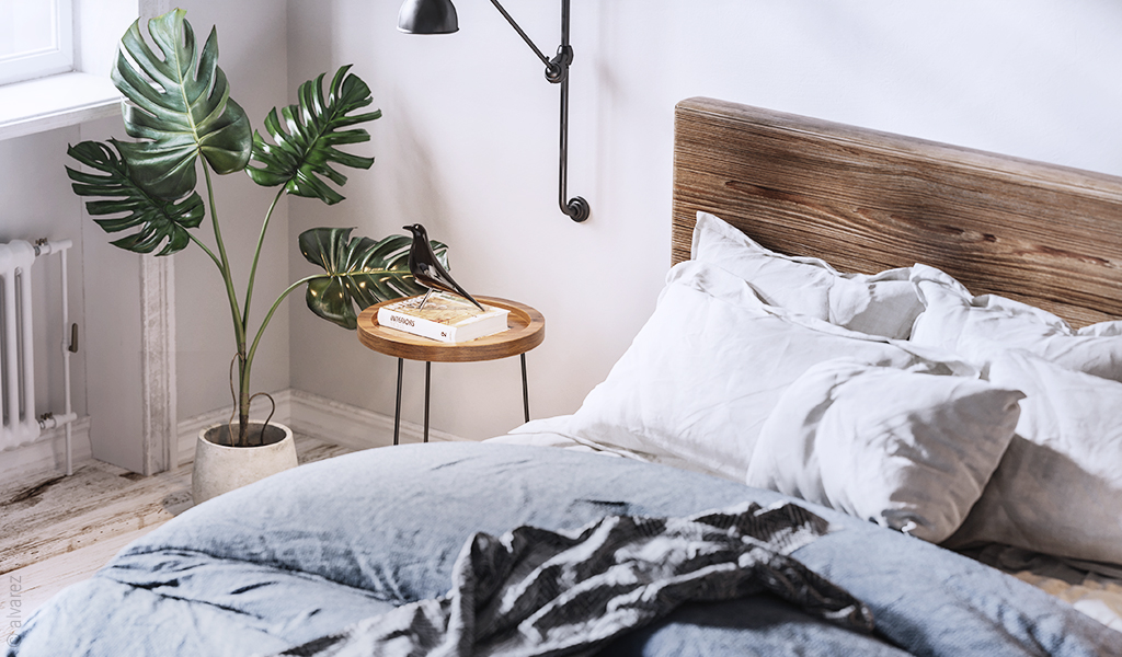 photo d'un lit cosy avec une plant dans le coin et une table de chevet avec un livre.