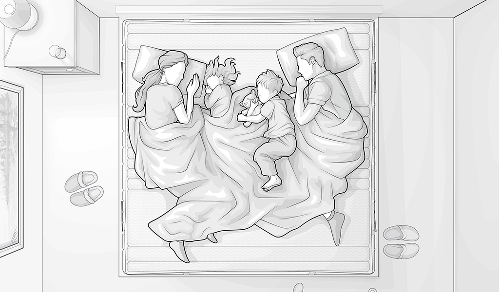 illustration : une famille dort dans un lit double. Deux parents avec leurs deux enfants qui dorment entre eux.