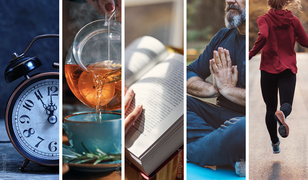 cinq images : un réveil, une théière qui vers du thé dans une tasse, un livre ouvert, un homme en position yoga qui fait de la méditation, une femme qui court