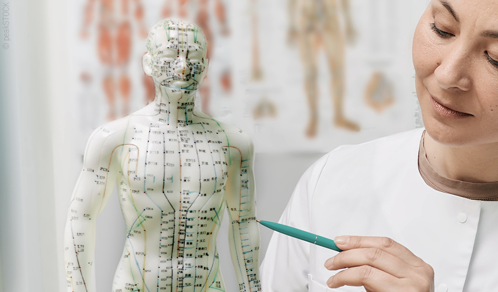 un médecin montre un bras sur une statue avec écriture et sciences TCM