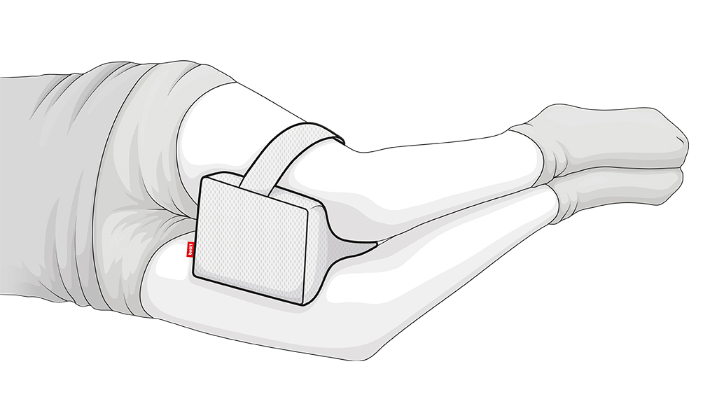Illustration : 2 jambes d'une personne allongée sur le côté tiennent un coussin de genoux BODYGUARD